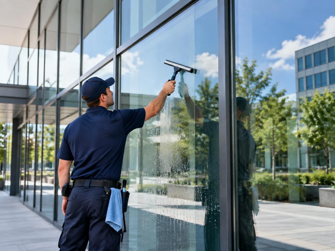 Detailed commercial window cleaning on a modern building